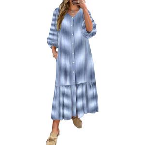 imageANRABESS Boho Maxi Dresses for Women Summer Puff Sleeve V Neck Flowy Long Casual Dress with Pockets 2025 Vacation OutfitsStriped Blue