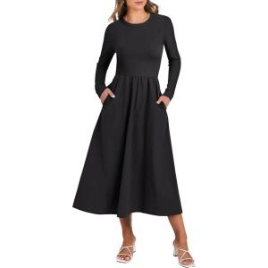 imageANRABESS Long Sleeve Midi Dresses for Women 2025 Fall Fashion Casual Rib Knit Patchwork Tight Top Modest Flowy Dress PocketBlack