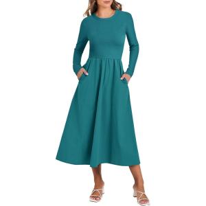 imageANRABESS Long Sleeve Midi Dresses for Women 2025 Fall Fashion Casual Rib Knit Patchwork Tight Top Modest Flowy Dress PocketLake Green