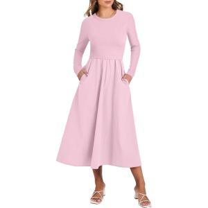 imageANRABESS Long Sleeve Midi Dresses for Women 2025 Fall Fashion Casual Rib Knit Patchwork Tight Top Modest Flowy Dress PocketPink