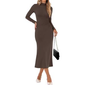imageANRABESS Women Long Sleeve Bodycon Dress Fall 2025 Mock Neck Formal Elegant Party Wedding Guest Cocktail Long Maxi DressesCoffee