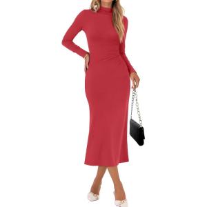 imageANRABESS Women Long Sleeve Bodycon Dress Fall 2025 Mock Neck Formal Elegant Party Wedding Guest Cocktail Long Maxi DressesRed