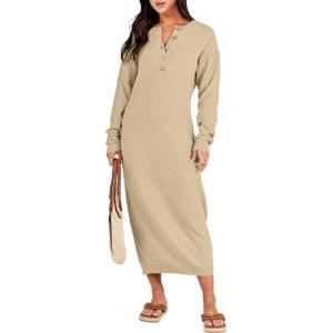 imageANRABESS Women Long Sleeve Button V Neck Oversized Casual Loose Fit Waffle Knit Fall Midi Sweater Dress 2025 Trendy OutfitsApricot