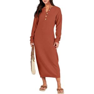 imageANRABESS Women Long Sleeve Button V Neck Oversized Casual Loose Fit Waffle Knit Fall Midi Sweater Dress 2025 Trendy OutfitsBrick Red