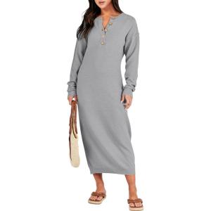 imageANRABESS Women Long Sleeve Button V Neck Oversized Casual Loose Fit Waffle Knit Fall Midi Sweater Dress 2025 Trendy OutfitsGrey