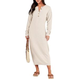 imageANRABESS Women Long Sleeve Button V Neck Oversized Casual Loose Fit Waffle Knit Fall Midi Sweater Dress 2025 Trendy OutfitsLight Apricot