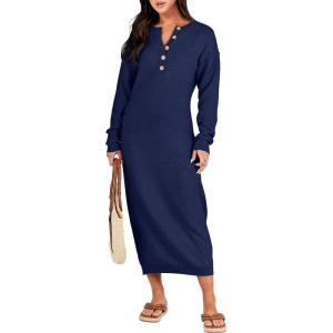imageANRABESS Women Long Sleeve Button V Neck Oversized Casual Loose Fit Waffle Knit Fall Midi Sweater Dress 2025 Trendy OutfitsNavy Blue