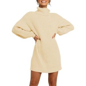 imageANRABESS Women Oversized Sweater Dress Turtleneck Batwing Long Sleeve Ribbed Knit Loose 2025 Fall Winter Casual Short DressApricot