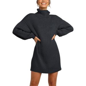 imageANRABESS Women Oversized Sweater Dress Turtleneck Batwing Long Sleeve Ribbed Knit Loose 2025 Fall Winter Casual Short DressBlack