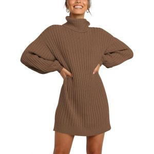imageANRABESS Women Oversized Sweater Dress Turtleneck Batwing Long Sleeve Ribbed Knit Loose 2025 Fall Winter Casual Short DressCamel