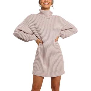 imageANRABESS Women Oversized Sweater Dress Turtleneck Batwing Long Sleeve Ribbed Knit Loose 2025 Fall Winter Casual Short DressLight Pink