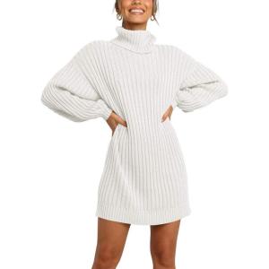imageANRABESS Women Oversized Sweater Dress Turtleneck Batwing Long Sleeve Ribbed Knit Loose 2025 Fall Winter Casual Short DressWhite