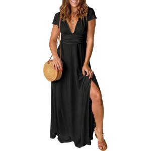 imageANRABESS Women Summer Deep V Neck Short Sleeve Dresses Slit Elegant Wedding Guest Formal Cocktail Evening Maxi Long DressBlack