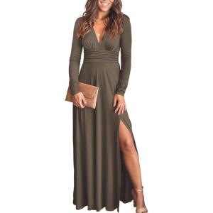 imageANRABESS Women Summer Deep V Neck Short Sleeve Dresses Slit Elegant Wedding Guest Formal Cocktail Evening Maxi Long DressZbrown