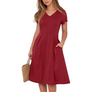 imageANRABESS Women Summer Dress Casual Short Sleeve V Neck ALine Knee Length Pleated Flowy 2025 Fashion Midi Dresses with PocketBurgundy