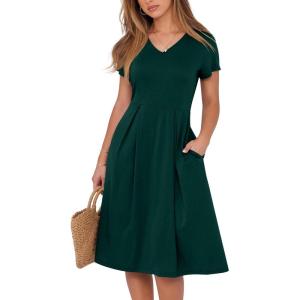 imageANRABESS Women Summer Dress Casual Short Sleeve V Neck ALine Knee Length Pleated Flowy 2025 Fashion Midi Dresses with PocketDark Green