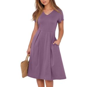 imageANRABESS Women Summer Dress Casual Short Sleeve V Neck ALine Knee Length Pleated Flowy 2025 Fashion Midi Dresses with PocketDark Purple