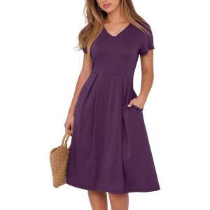 imageANRABESS Women Summer Dress Casual Short Sleeve V Neck ALine Knee Length Pleated Flowy 2025 Fashion Midi Dresses with PocketPurple