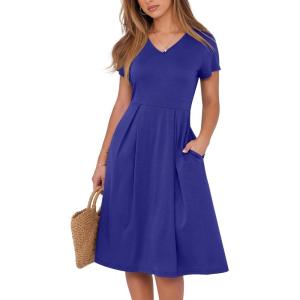 imageANRABESS Women Summer Dress Casual Short Sleeve V Neck ALine Knee Length Pleated Flowy 2025 Fashion Midi Dresses with PocketRoyal Blue