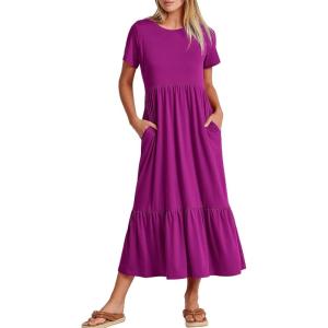 imageANRABESS Womens 2025 Summer Casual Maxi Dress A line Tiered Flowy Short Sleeve Crewneck T Shirt Beach Travel Long DressesFuchsia