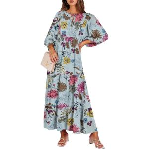 imageANRABESS Womens Boho Maxi Dresses 2025 Summer V Neck Puff Sleeve Floral Flowy Swing Fall Casual Long DressGreen Floral