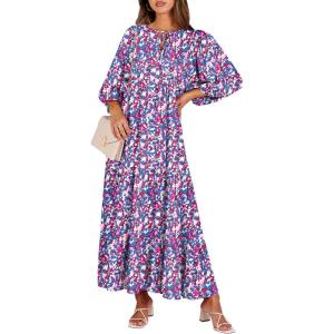 imageANRABESS Womens Boho Maxi Dresses 2025 Summer V Neck Puff Sleeve Floral Flowy Swing Fall Casual Long DressPurple Pink Floral