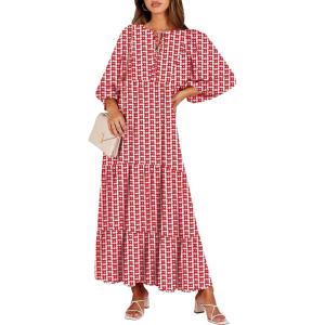 imageANRABESS Womens Boho Maxi Dresses 2025 Summer V Neck Puff Sleeve Floral Flowy Swing Fall Casual Long DressRed Floral