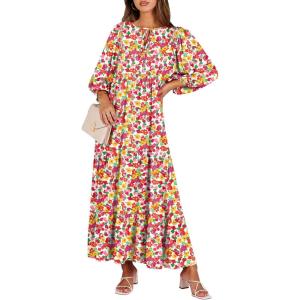 imageANRABESS Womens Boho Maxi Dresses 2025 Summer V Neck Puff Sleeve Floral Flowy Swing Fall Casual Long DressRed Floral Yellow