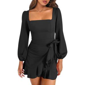 imageANRABESS Womens Dress Long Sleeve Square Neck Tie Waist Ruffle Hem Short Cocktail Wedding Guest Fall Party Club Mini DressesBlack
