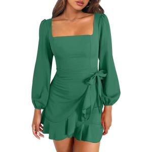 imageANRABESS Womens Dress Long Sleeve Square Neck Tie Waist Ruffle Hem Short Cocktail Wedding Guest Fall Party Club Mini DressesForest Green