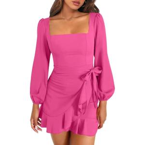 imageANRABESS Womens Dress Long Sleeve Square Neck Tie Waist Ruffle Hem Short Cocktail Wedding Guest Fall Party Club Mini DressesHot Pink