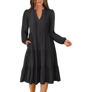 imageANRABESS Womens Fall Midi Dresses Long Sleeve V Neck Swing Tiered Work Business Casual 2025 Flowy Beach Vacation DressBlack