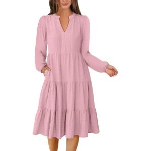 imageANRABESS Womens Fall Midi Dresses Long Sleeve V Neck Swing Tiered Work Business Casual 2025 Flowy Beach Vacation DressBright Pink