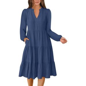 imageANRABESS Womens Fall Midi Dresses Long Sleeve V Neck Swing Tiered Work Business Casual 2025 Flowy Beach Vacation DressDeep Blue