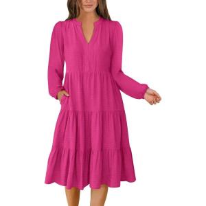 imageANRABESS Womens Fall Midi Dresses Long Sleeve V Neck Swing Tiered Work Business Casual 2025 Flowy Beach Vacation DressHot Pink