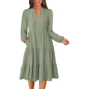 imageANRABESS Womens Fall Midi Dresses Long Sleeve V Neck Swing Tiered Work Business Casual 2025 Flowy Beach Vacation DressLight Green