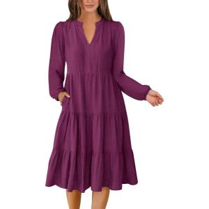 imageANRABESS Womens Fall Midi Dresses Long Sleeve V Neck Swing Tiered Work Business Casual 2025 Flowy Beach Vacation DressPurple Red