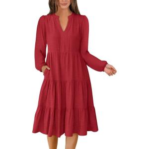 imageANRABESS Womens Fall Midi Dresses Long Sleeve V Neck Swing Tiered Work Business Casual 2025 Flowy Beach Vacation DressRed
