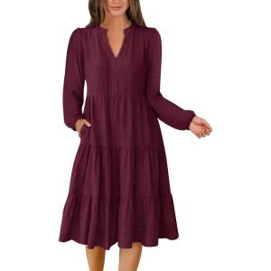 imageANRABESS Womens Fall Midi Dresses Long Sleeve V Neck Swing Tiered Work Business Casual 2025 Flowy Beach Vacation DressWine Red