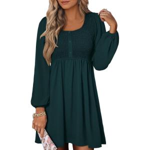 imageANRABESS Womens Long Lantern Sleeve Dresses 2025 Fall Casual Smocked ALine High Waist Flowy Short Dress with Pockets TrendyDeep Green