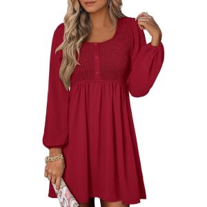 imageANRABESS Womens Long Lantern Sleeve Dresses 2025 Fall Casual Smocked ALine High Waist Flowy Short Dress with Pockets TrendyDeep Red