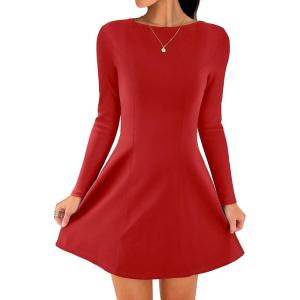 imageANRABESS Womens Long Sleeve ALine Mini Dress 2025 Fall Boat Neck Semi Formal Fit and Flare Casual Business Short DressesRed
