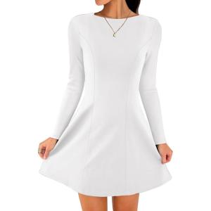 imageANRABESS Womens Long Sleeve ALine Mini Dress 2025 Fall Boat Neck Semi Formal Fit and Flare Casual Business Short DressesWhite