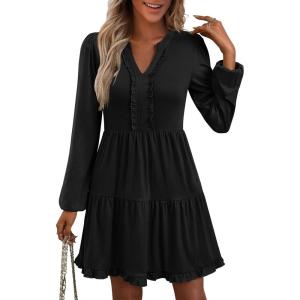 imageANRABESS Womens Long Sleeve Dress 2025 Fall Casual V Neck Tiered Flowy Swing Short Mini Dresses Beach Travel Vacation OutfitsBlack