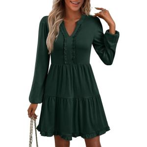 imageANRABESS Womens Long Sleeve Dress 2025 Fall Casual V Neck Tiered Flowy Swing Short Mini Dresses Beach Travel Vacation OutfitsDeep Green