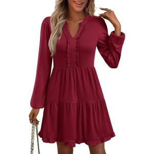 imageANRABESS Womens Long Sleeve Dress 2025 Fall Casual V Neck Tiered Flowy Swing Short Mini Dresses Beach Travel Vacation OutfitsDeep Red