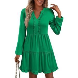 imageANRABESS Womens Long Sleeve Dress 2025 Fall Casual V Neck Tiered Flowy Swing Short Mini Dresses Beach Travel Vacation OutfitsGreen