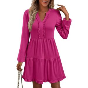 imageANRABESS Womens Long Sleeve Dress 2025 Fall Casual V Neck Tiered Flowy Swing Short Mini Dresses Beach Travel Vacation OutfitsHot Pink