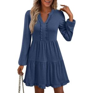 imageANRABESS Womens Long Sleeve Dress 2025 Fall Casual V Neck Tiered Flowy Swing Short Mini Dresses Beach Travel Vacation OutfitsNighty Blue