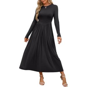 imageANRABESS Womens Long Sleeve Elegant Modest Drop Waist Maxi Dress 2025 Fall Casual Flowy Pleated Long Dresses with PocketsBlack
